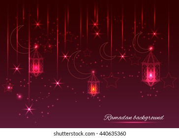 Ramadan Kareem greeting background. Muslim present card.Crescent moon,stars and shiny arabic lanterns on festive shiny background.vector illustration