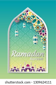 Ramadan Kareem greeting background. Paper graphic of islamic  art. Vector Illustration.