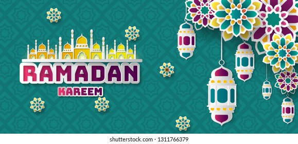 Ramadan Kareem greeting background. Paper graphic of islamic  art. Vector Illustration.