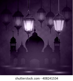 Ramadan Kareem, greeting background with pattern and light Mosque silhouette