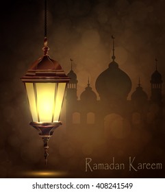 Ramadan Kareem, greeting background with pattern and light Mosque silhouette