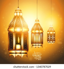 Ramadan Kareem greeting background with realistic lighted candle lantern. Arabic Calligraphy (translation: Blessed Ramadan)