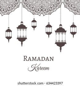 Ramadan Kareem greeting background template arabic design patterns and lanterns, arabic lamp for promotion banner, ads, flyers, invitation, posters, brochure, discount, sale offers. Vector. EPS 10