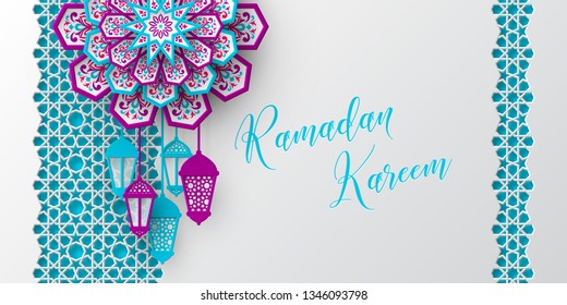 Ramadan Kareem greeting banner. 3d paper cut style flowers with crescent and lanterns, islamic traditional geometric pattern. Vector illustration.