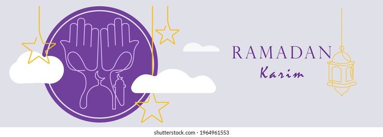 Ramadan kareem greeting banner. arabic calligraphy with mosque stars, lanterns. islam flat vector banner illustration. arabic background. ramadan kareem arabic text. ramadan kareem text islamic banner