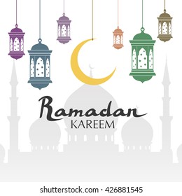 Ramadan kareem greeting banner. arabic calligraphy with mosque moon, lanterns. islam flat vector banner illustration. arabic background. ramadan kareem arabic text. ramadan kareem text islamic banner.