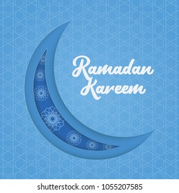 Ramadan Kareem Greeting Banner Background with Moon Illustration and Morocco Pattern. Paper Art and Digital Craft Style