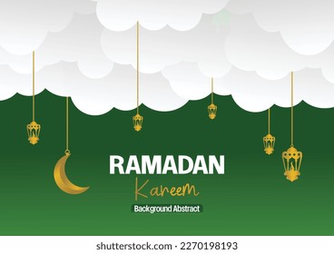 Ramadan Kareem greeting banner or card design with 3d paper cut ornament of islamic lantern, moon on golden and green background. Vector illustration. Place for text