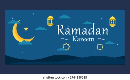 Ramadan Kareem greeting banner design in blue color. Moon, lantern and stars illustration design