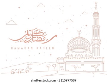 Ramadan Kareem greeting banner design with mosque line art on grunge background. Vector illustration