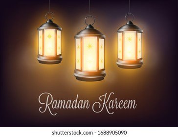 Ramadan Kareem greeting banner template with glowing lighting antique lanterns, realistic vector illustration on dark background. Islamic religious holiday poster.
