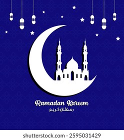 Ramadan Kareem greeting banner template with blue vector background, mosque silhouette, crescent moon and white lanterns