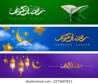 Ramadan Kareem greeting banners templates set. Golden crescent and stars in the clouds on night sky, Holy Quran, lanterns and arabic calligraphy which mean Ramadan Kareem. Vector 3d illustration