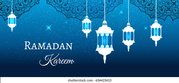 Ramadan Kareem greeting blue evening background arabic design patterns and lanterns, arabic lamp for promotion banner, ads, flyers, invitation, posters, brochure, discount, sale offers. Vector. EPS 10