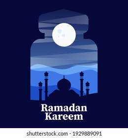 Ramadan Kareem greeting with Camels Riding in the Desert Sand Going to mosque
