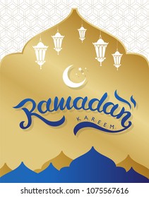 Ramadan Kareem greeting card, advertising, discount, poster. Decor in Eastern style. Arabic  lamps and the silhouettes of the temples.