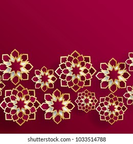 Ramadan Kareem greeting card with arabic origami paper stars. Holy month of muslim. Symbol of Islam. Islamic ramadan celebration vector background with paper waves. White, golden colors