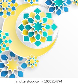 Ramadan Kareem greeting card with arabic origami paper stars and moon. Holy month of muslim. Symbol of Islam. Islamic ramadan celebration vector background with paper waves.