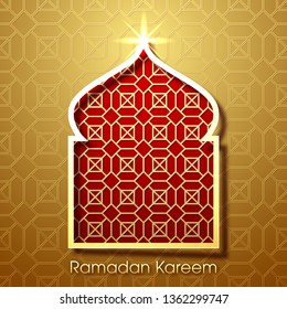 Ramadan Kareem greeting card with Arabic window and pattern background for the Muslim festival occasion.