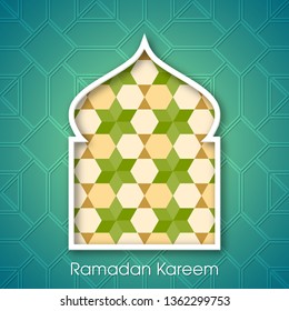 Ramadan Kareem greeting card with Arabic window and pattern background for the Muslim festival occasion.