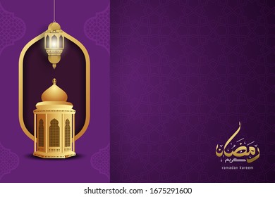 Ramadan kareem greeting card with arabic calligraphy and gold lantern