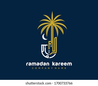 Ramadan Kareem Greeting Card. Arabic Calligraphy with dates tree. Ramadhan Mubarak. Holy Ramadan. Arabic Calligraphy. logo for ramadan company
