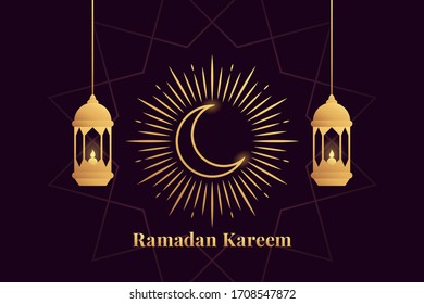 Ramadan Kareem greeting card. Arabic festive composition with Golden lanterns and crescent moon surrounded by rays, Islamic symbol. Vector illustration in gold colors, graphic template