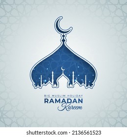 Ramadan Kareem Greeting card with arabic White Origami Mosque. Holy month of muslim. Symbol of Islam. Islamic festival celebration