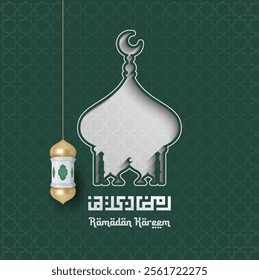 Ramadan Kareem Greeting card with arabic White Origami Mosque. Holy month of muslim. Symbol of Islam, arabic calligraphu and gold lantern