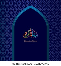 Ramadan Kareem Greeting Card with arabic calligraphy on blue background. 