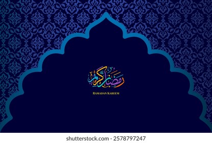 Ramadan Kareem Greeting Card with arabic calligraphy on blue background. 