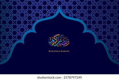 Ramadan Kareem Greeting Card with arabic calligraphy on blue background. 