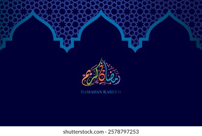 Ramadan Kareem Greeting Card with arabic calligraphy on blue background. 