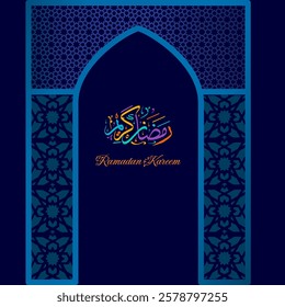 Ramadan Kareem Greeting Card with arabic calligraphy on blue background. 