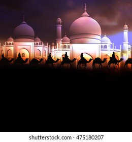 Ramadan Kareem greeting card with  Arabic mosque and camels. Editable Vector illustration for islamic background