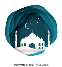 Ramadan Kareem Greeting card with arabic White Origami Mosque. Paper cut Desert Cave Landscape. Holy month of muslim. Symbol of Islam. Crescent Moon. Islamic festival celebration vector background.