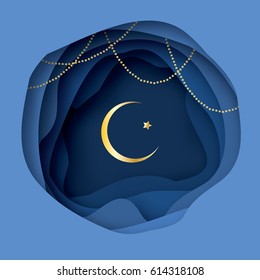 Ramadan Kareem Greeting card with arabic Gold Symbol of Islam - Crescent Moon. Paper cut Desert Cave Landscape. Garland. Holy month of muslim. Islamic festival celebration vector background.