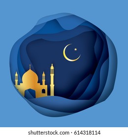 Ramadan Kareem Greeting card with arabic Gold Origami Mosque. Paper cut Desert Cave Landscape. Holy month of muslim. Symbol of Islam. Crescent Moon. Islamic festival celebration vector background.