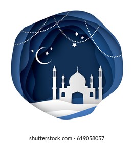 Ramadan Kareem Greeting card with arabic White Origami Mosque. Paper cut Desert Cave Landscape. Holy month of muslim. Symbol of Islam. Crescent Moon. Garland. Islamic festival celebration vector.