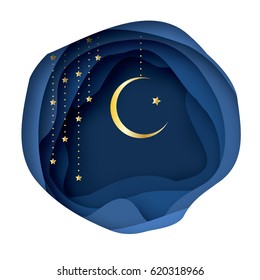 Ramadan Kareem Greeting card with arabic Gold Symbol of Islam - Crescent Moon. Paper cut Desert Cave Landscape. Garland. Holy month of muslim. Islamic festival celebration vector background.