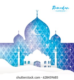 Ramadan Kareem Greeting card.. Arabic white window Mosque, desert, stars. Paper cut style. Arabesque pattern. Crescent Moon. Vector