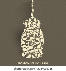 Ramadan Kareem Greeting Card With Arc Drops Forming Arabic Lantern On Brown Background.