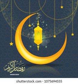 Ramadan Kareem greeting card background with islamic symbol crescent moon. Ramadan calligraphy with light effect.