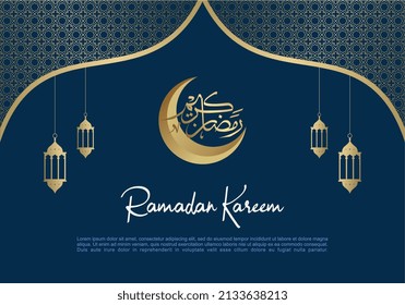 Ramadan kareem greeting card background with lanterns, moon, arab calligraphy and islamic ornaments in blue style.