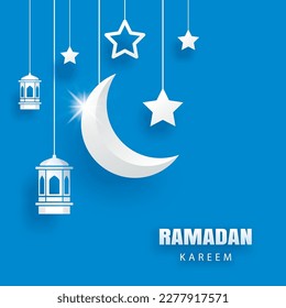 Ramadan kareem greeting card background. Eid mubarak paper art banner illustration design.