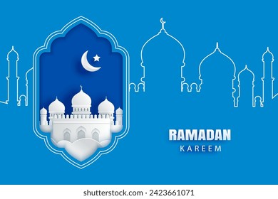 Ramadan kareem greeting card background. Eid mubarak paper art banner illustration design.