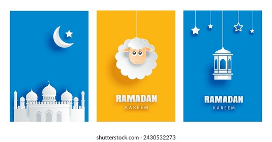 Ramadan kareem greeting card background. Eid mubarak paper art banner illustration design.