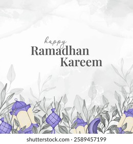 Ramadan Kareem Greeting Card Background with Watercolor Purple Lantern and Leaves Ornament