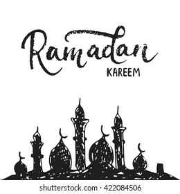 Ramadan Kareem greeting card background with lettering and mosque. Vector illustration for Ramadan - holiest month in the Islamic calendar for Muslims.