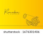 Ramadan Kareem greeting card, banner and poster design. One continuous line drawing of metal cannon ball aimed to the sky ready to shot with white background. Single line draw vector illustration